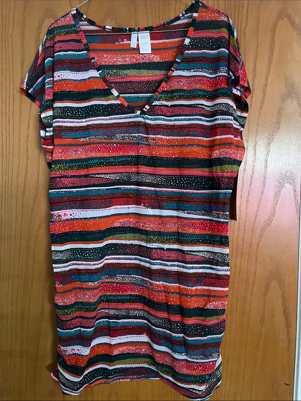 Anne Cole Multicolor Striped V-Neck Top — Red, Teal, Black & Pink